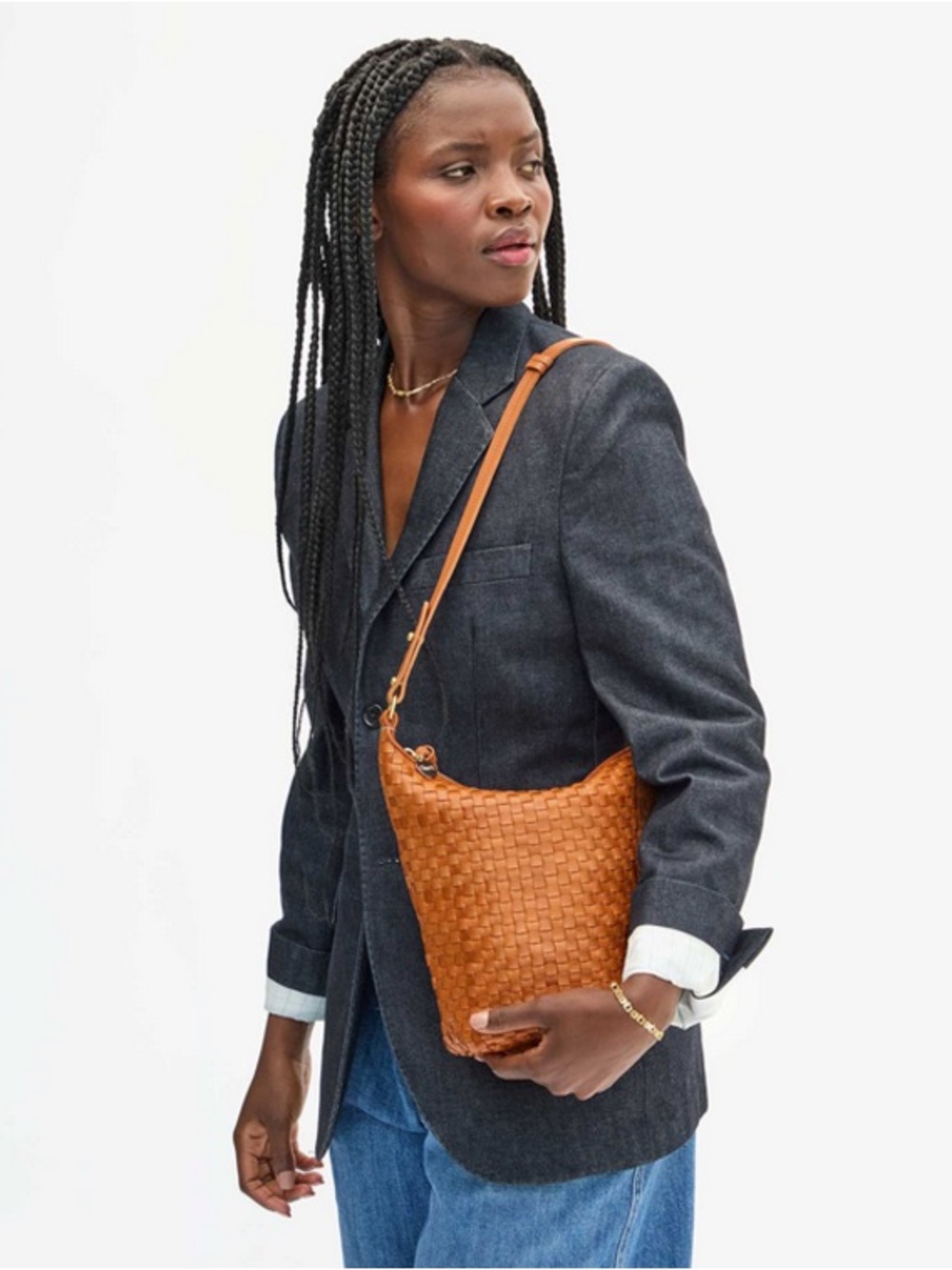Clare V. Petite Jeanne | Natural Woven Checker | Leather Shoulder Bag - Picture 10 of 10